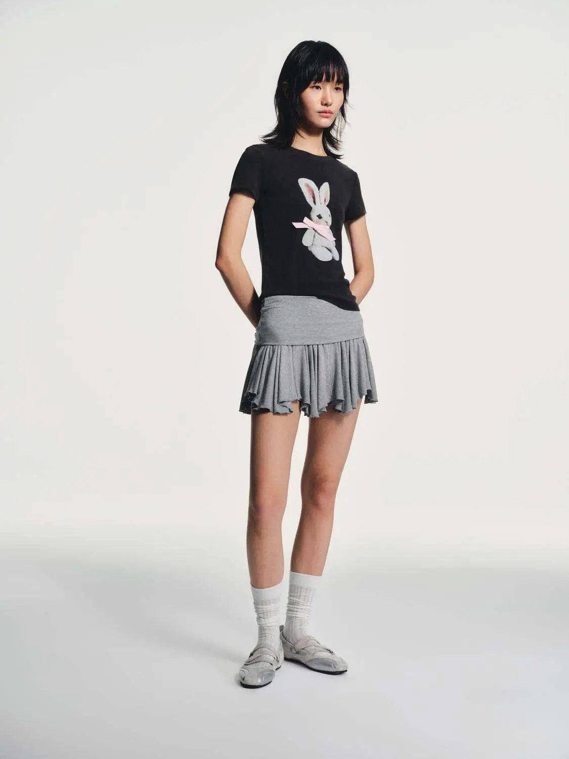 Round Neck Bunny Print Slight Stretch Cotton T-Shirt