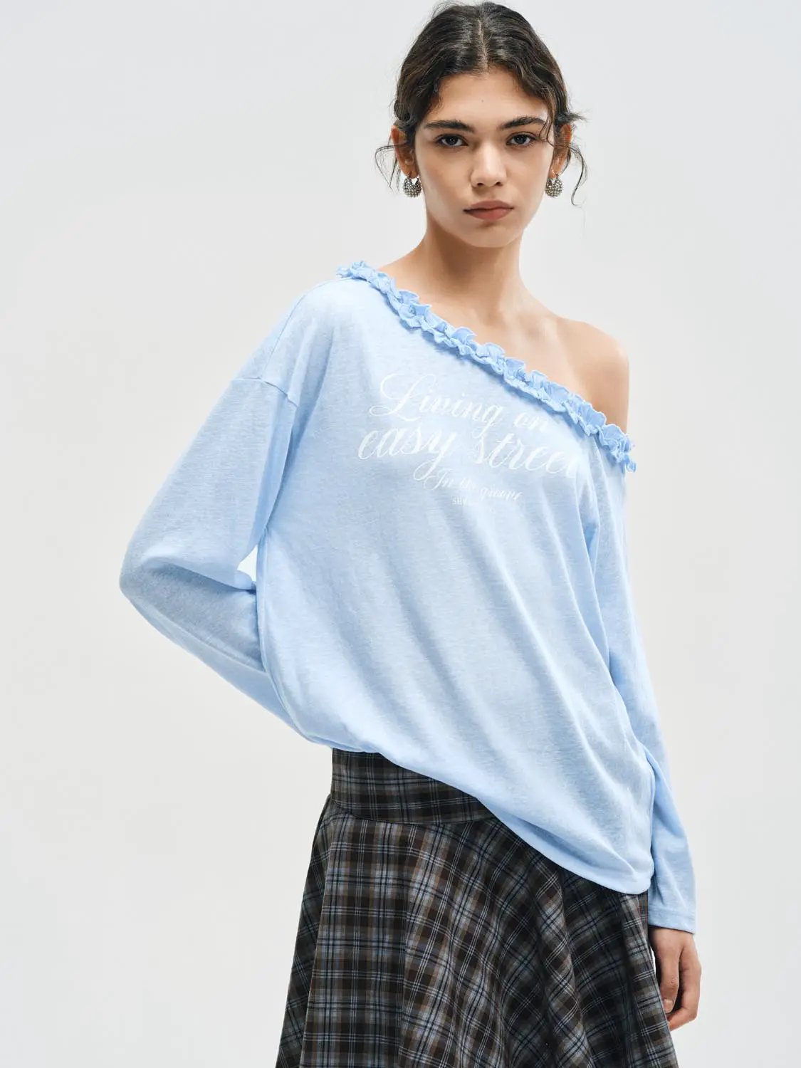 Ruffle Neckline Printed Cotton Blend Long Sleeve T-Shirt