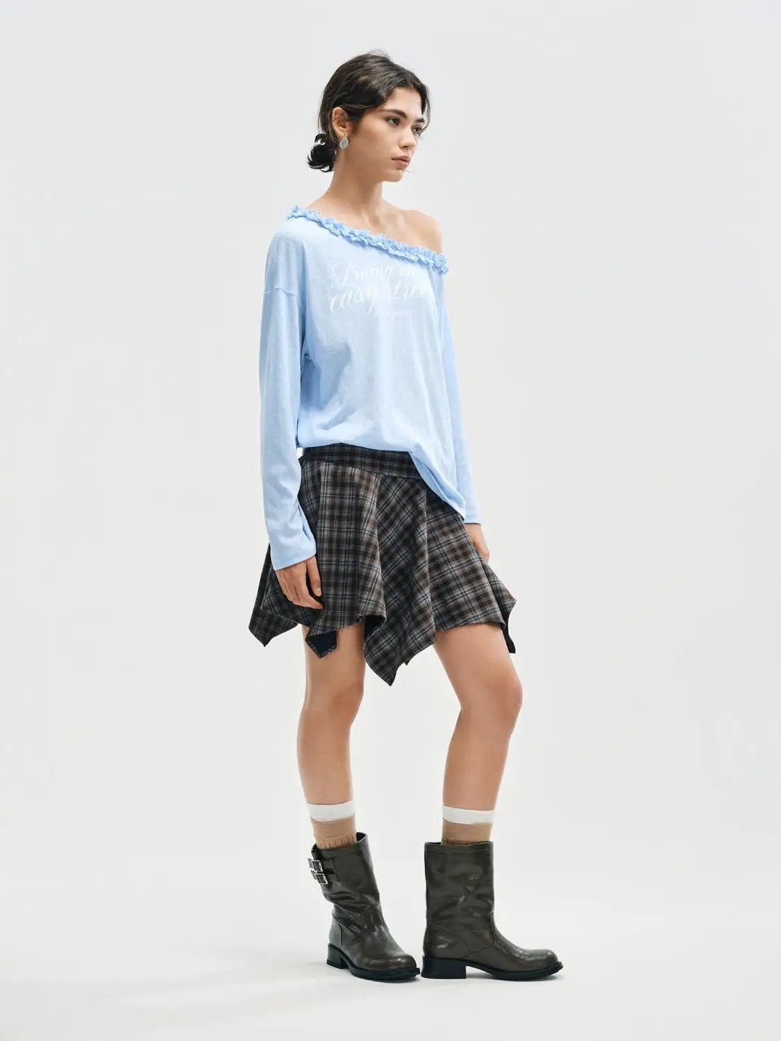 Ruffle Neckline Printed Cotton Blend Long Sleeve T-Shirt