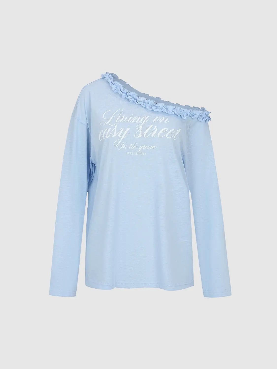 Ruffle Neckline Printed Cotton Blend Long Sleeve T-Shirt