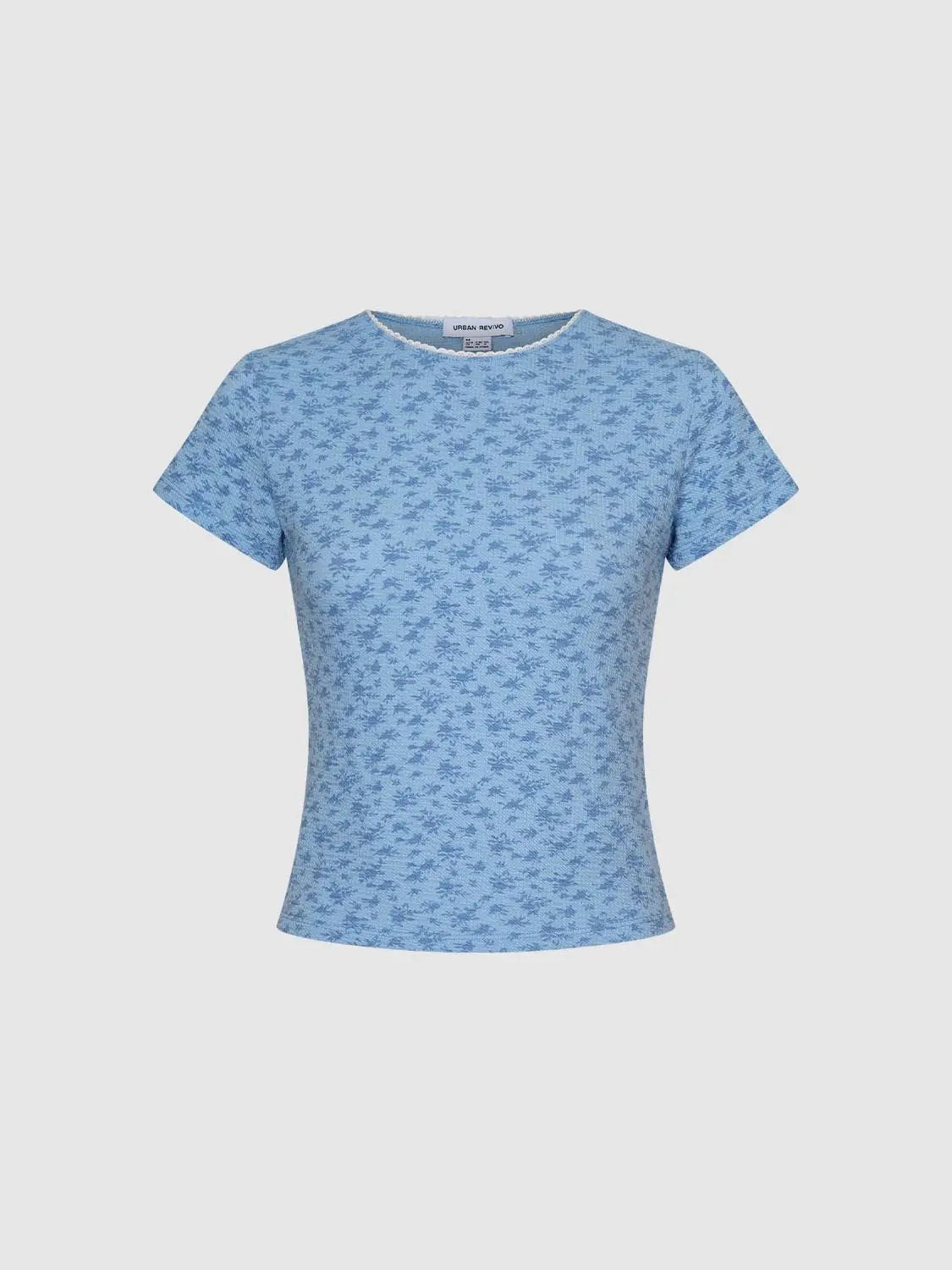 Waffle Knit Floral Print Crew Neck Short Sleeve T-Shirt