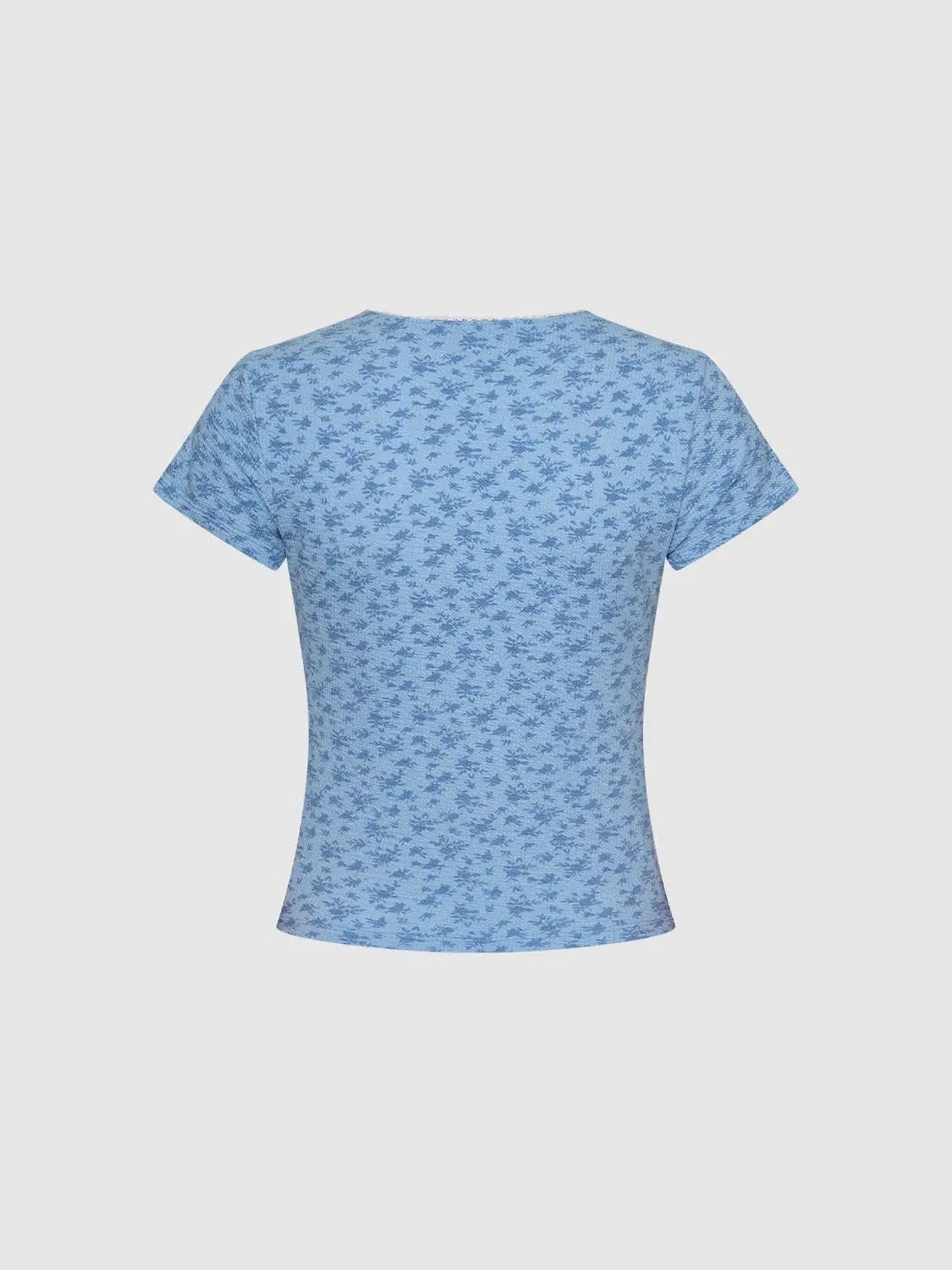 Waffle Knit Floral Print Crew Neck Short Sleeve T-Shirt