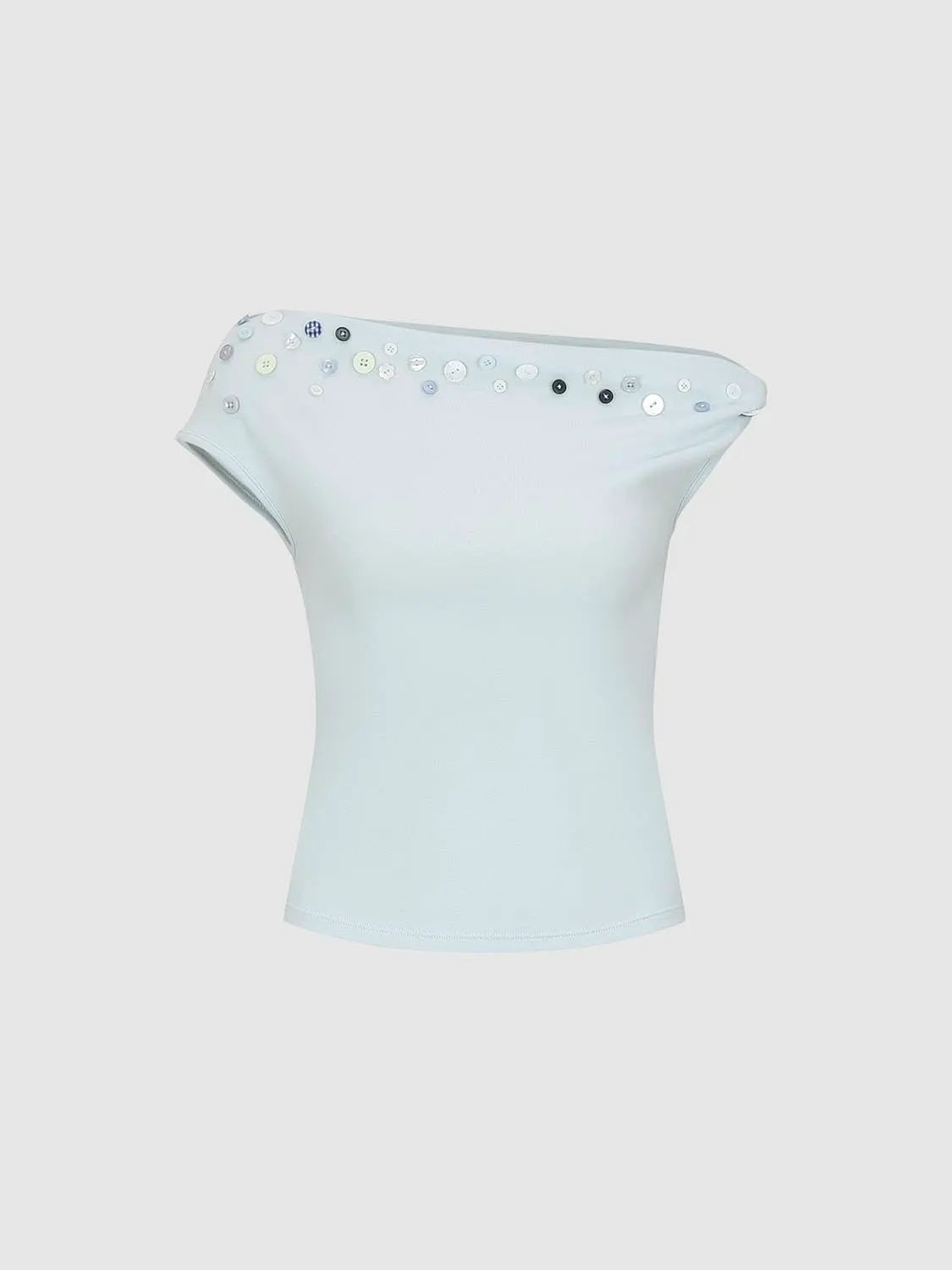 Button Detail Off Shoulder T-shirt