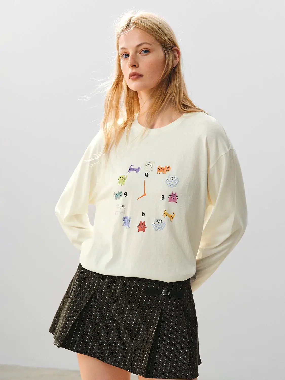 Cat Print Crew Neck Long Sleeve Cotton Blend T-Shirt