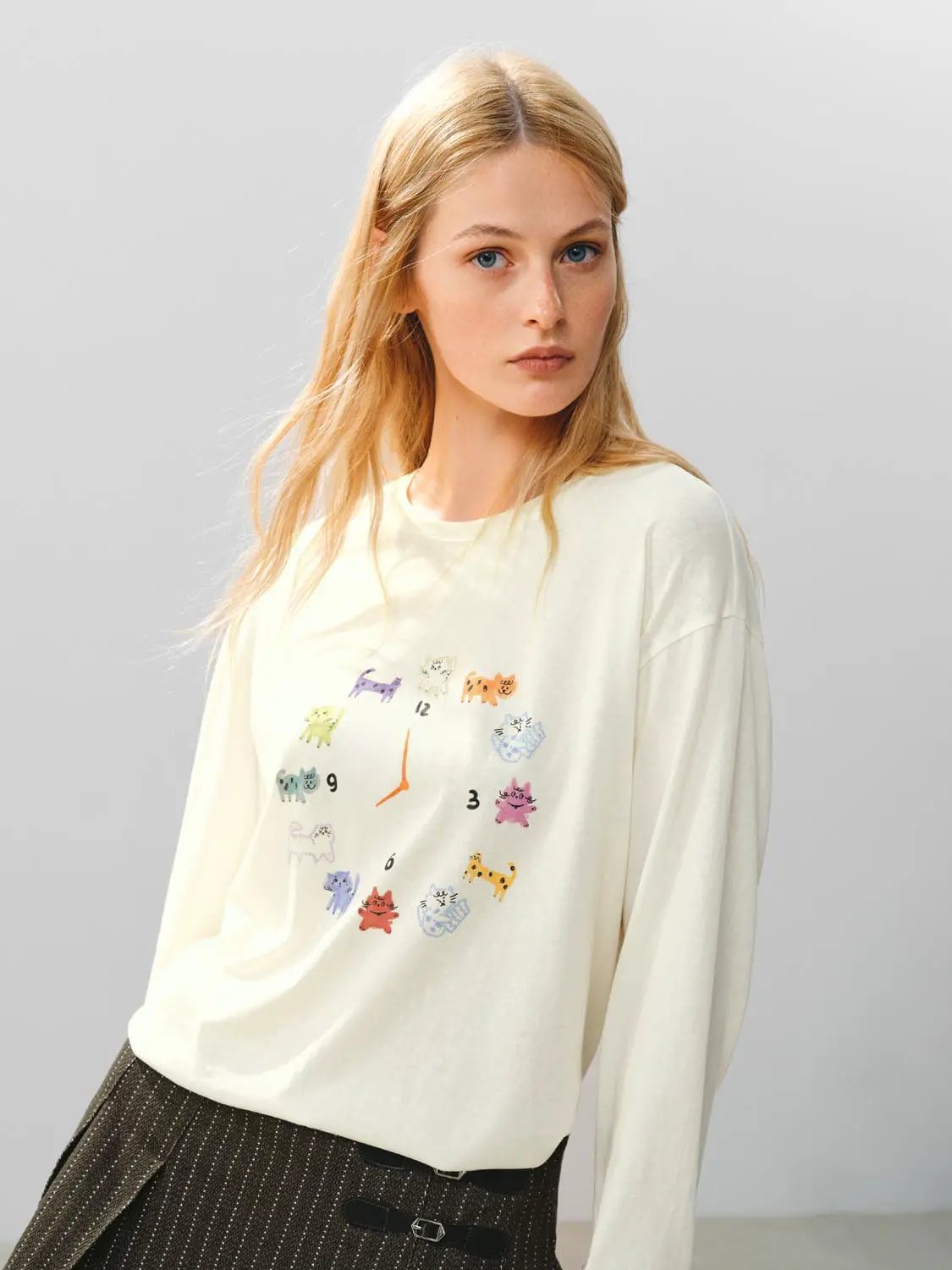 Cat Print Crew Neck Long Sleeve Cotton Blend T-Shirt