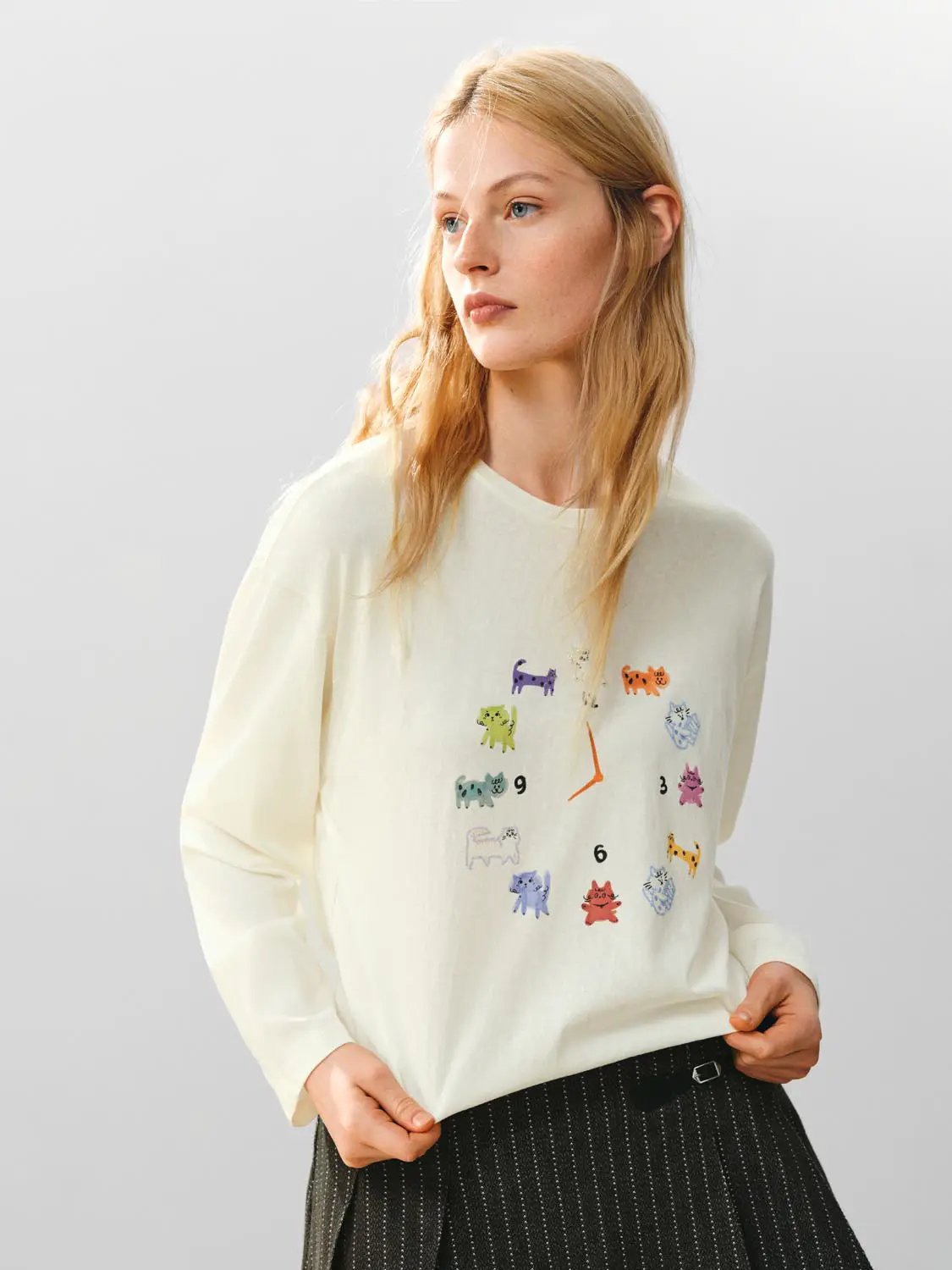 Cat Print Crew Neck Long Sleeve Cotton Blend T-Shirt