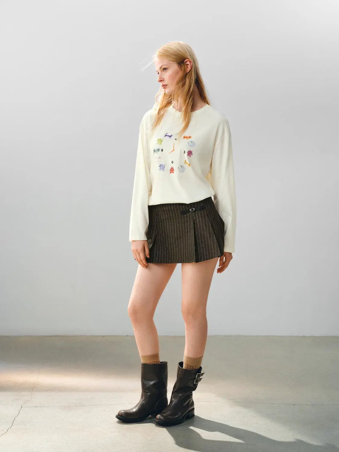 Cat Print Crew Neck Long Sleeve Cotton Blend T-Shirt