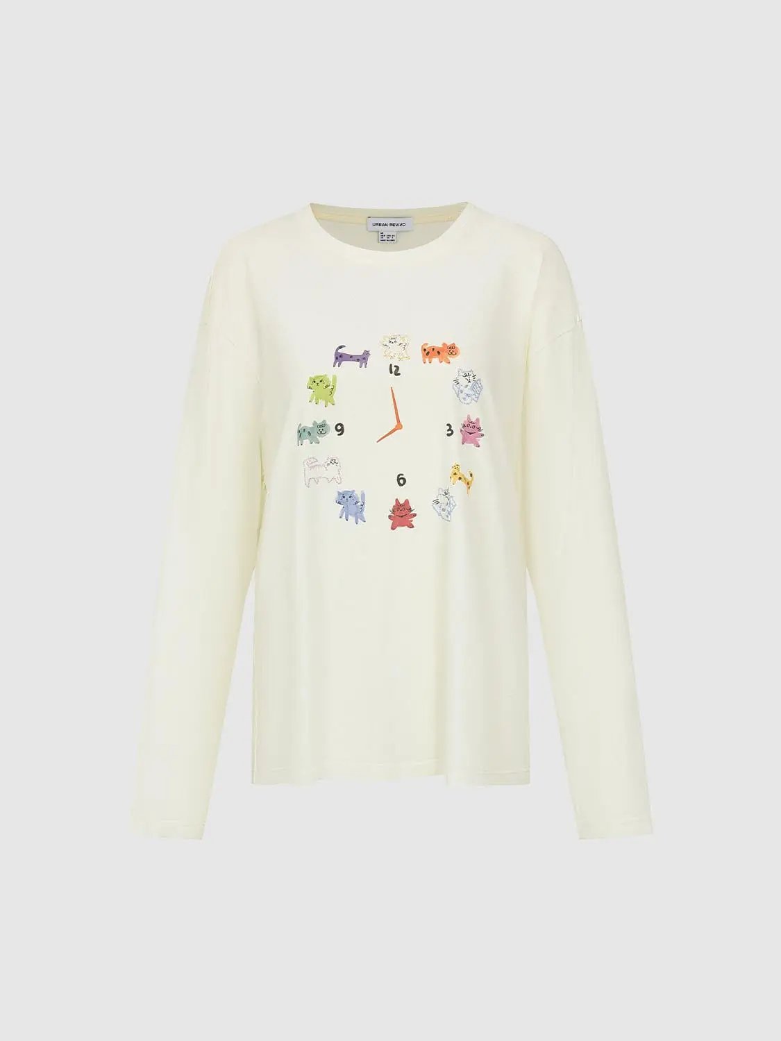 Cat Print Crew Neck Long Sleeve Cotton Blend T-Shirt
