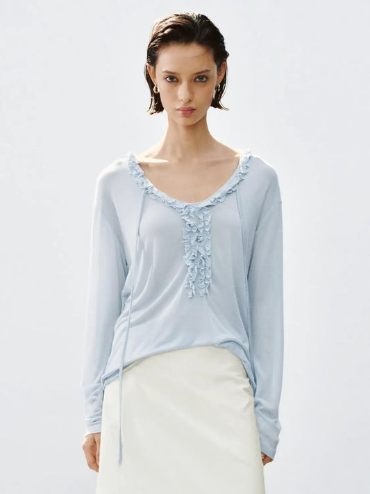 Ruffle Trim V-neck Long Sleeve Tie Front T-Shirt