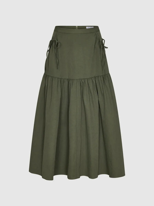 High Waist Bow Drawstring Tiered Ruffle A Line Midi Skirt