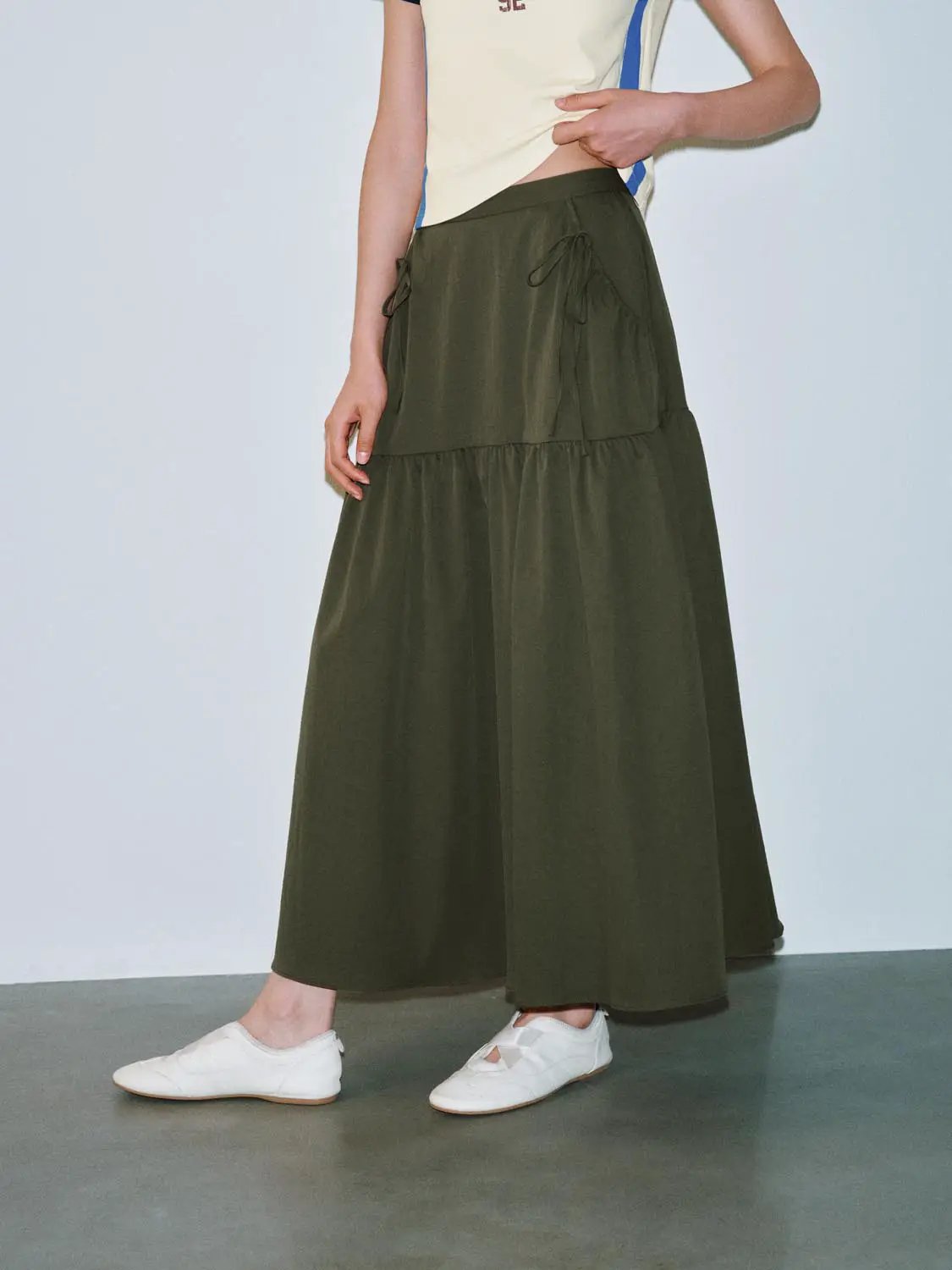 High Waist Bow Drawstring Tiered Ruffle A Line Midi Skirt