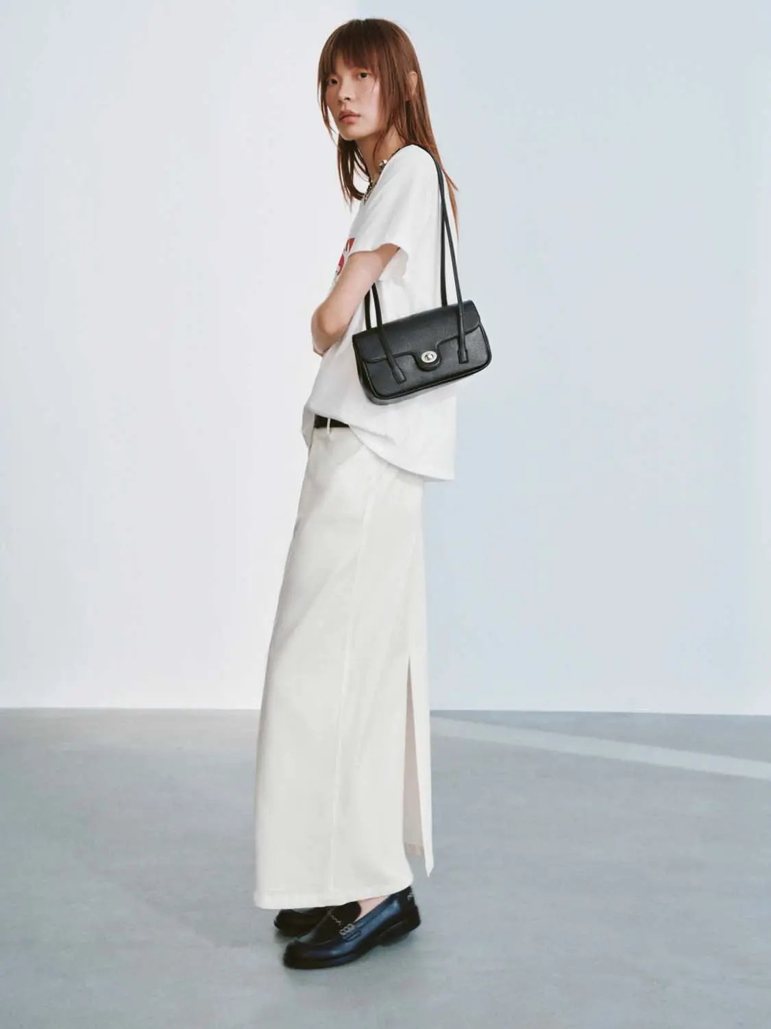 High Waist Belted Cotton Straight Cut Midi Skirt