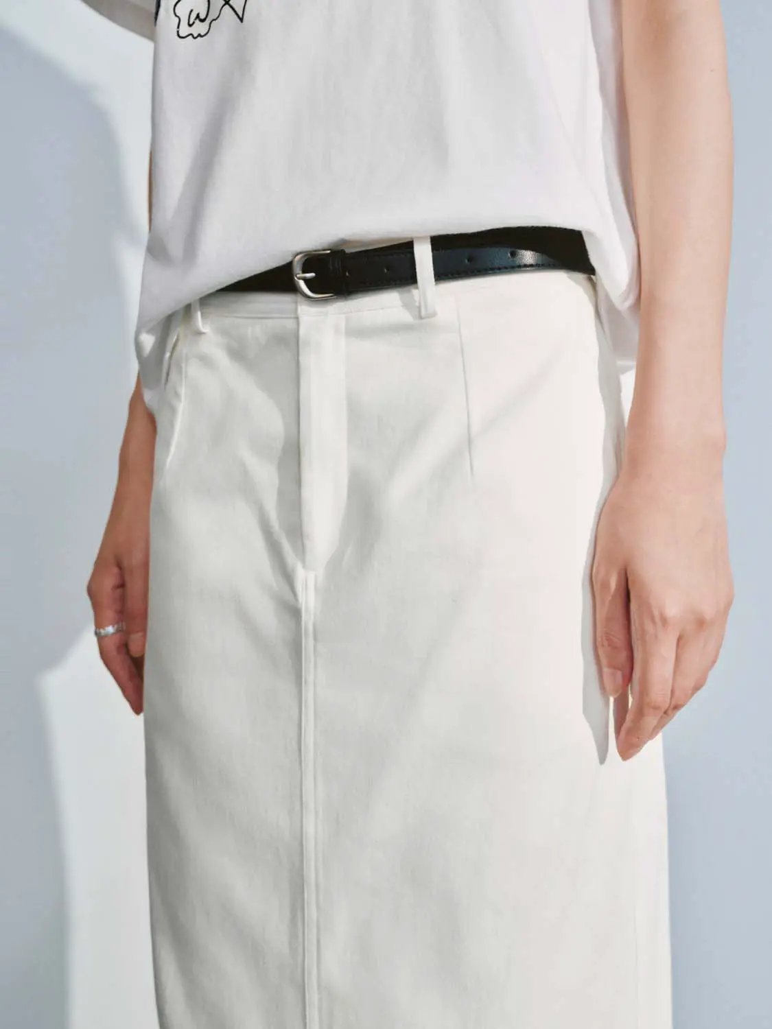 High Waist Belted Cotton Straight Cut Midi Skirt