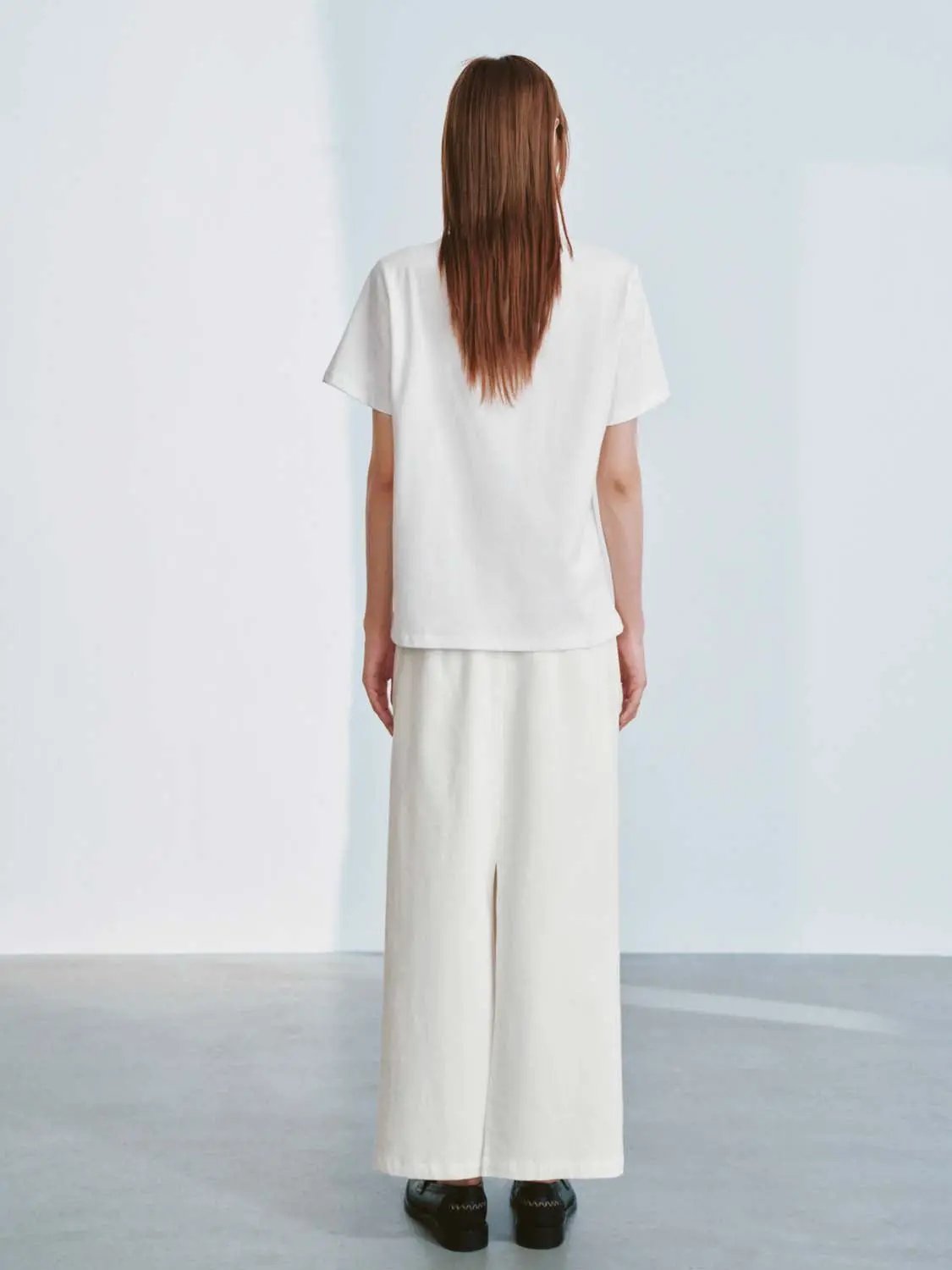 High Waist Belted Cotton Straight Cut Midi Skirt