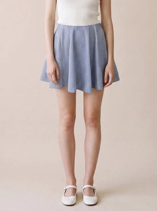 Lightweight Striped Pleated A-Line Cotton Mini Skirt
