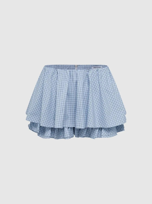 Checked Ruffle Hem A-line Cotton Blend Mini Skirt