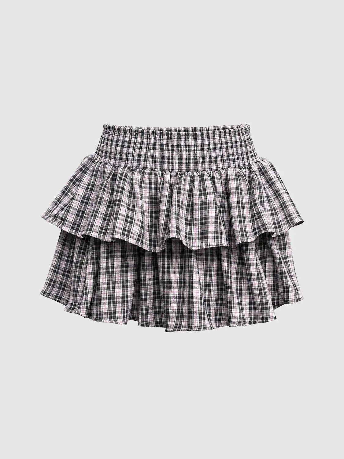 Checked Layered Ruffle High-waisted Mini Skirt