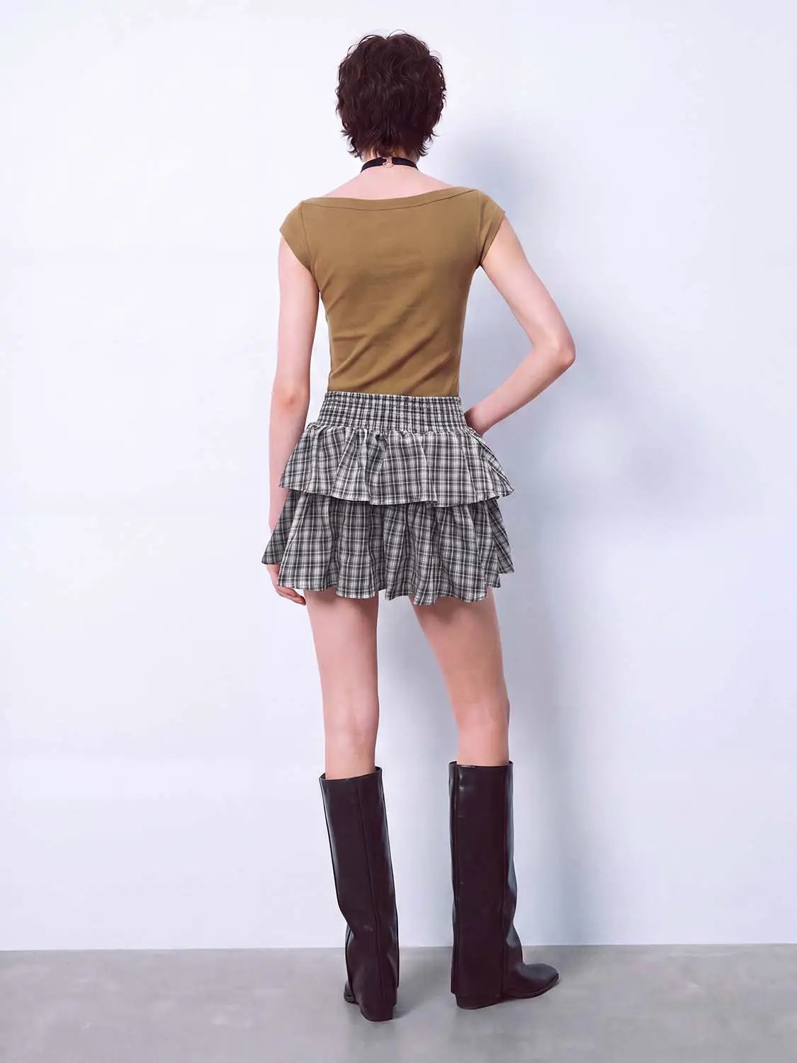 Checked Layered Ruffle High-waisted Mini Skirt
