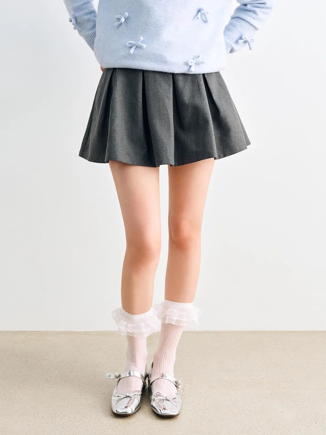Pleated Herringbone Pattern Skirt