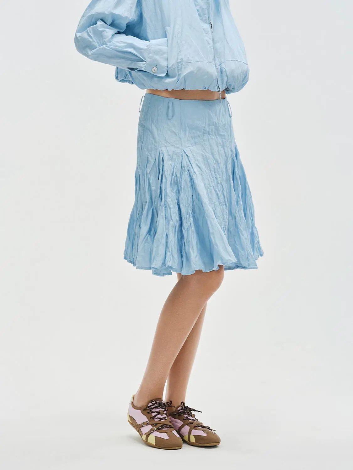 Crinkled Textured A-Line Cotton Blend Midi Skirt