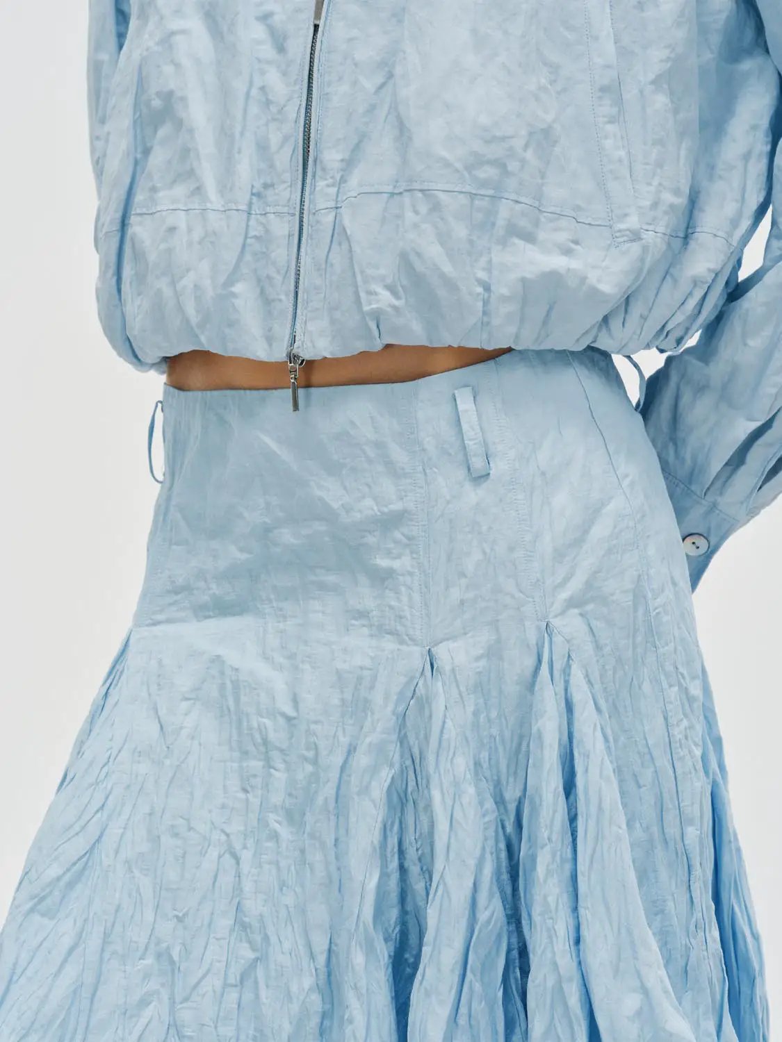 Crinkled Textured A-Line Cotton Blend Midi Skirt