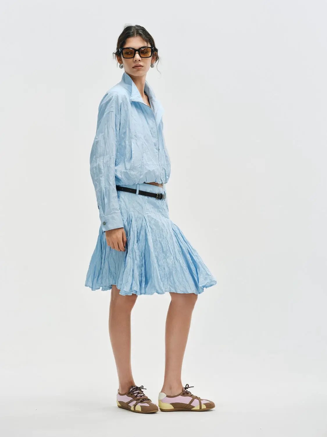Crinkled Textured A-Line Cotton Blend Midi Skirt