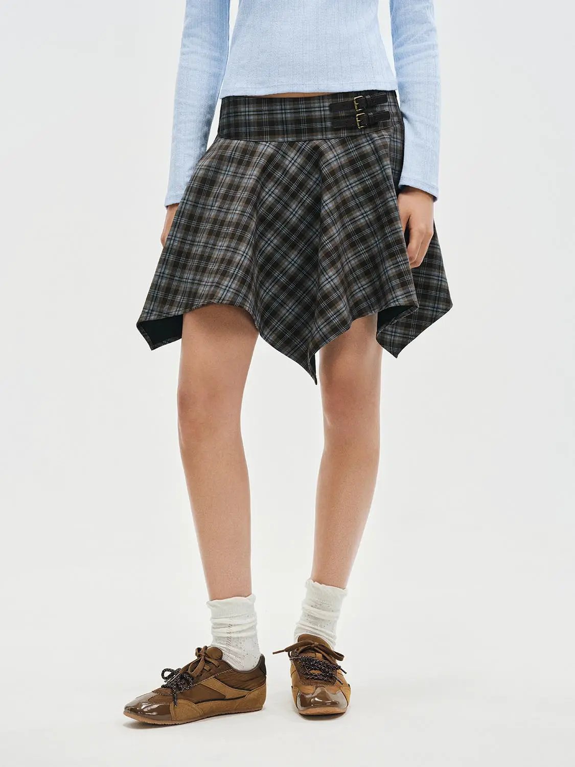 Checked High-waisted Asymmetric Hem Mini Skirt
