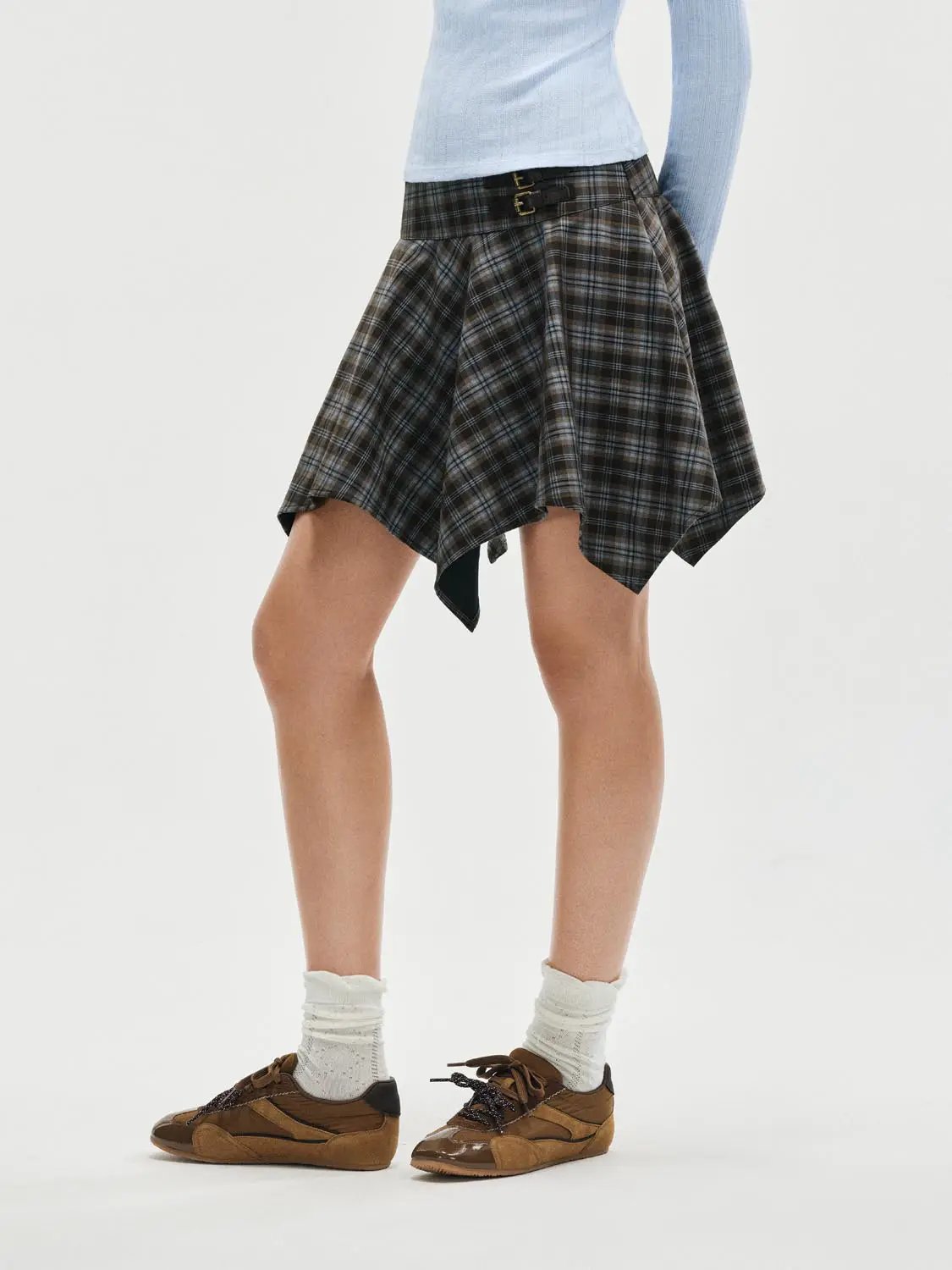Checked High-waisted Asymmetric Hem Mini Skirt