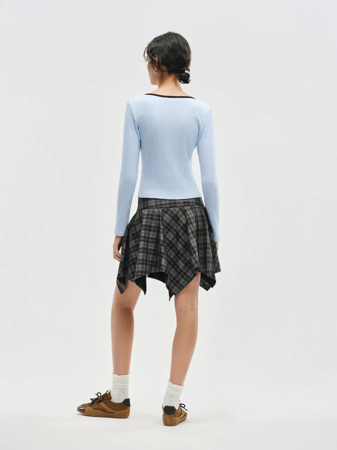 Checked High-waisted Asymmetric Hem Mini Skirt