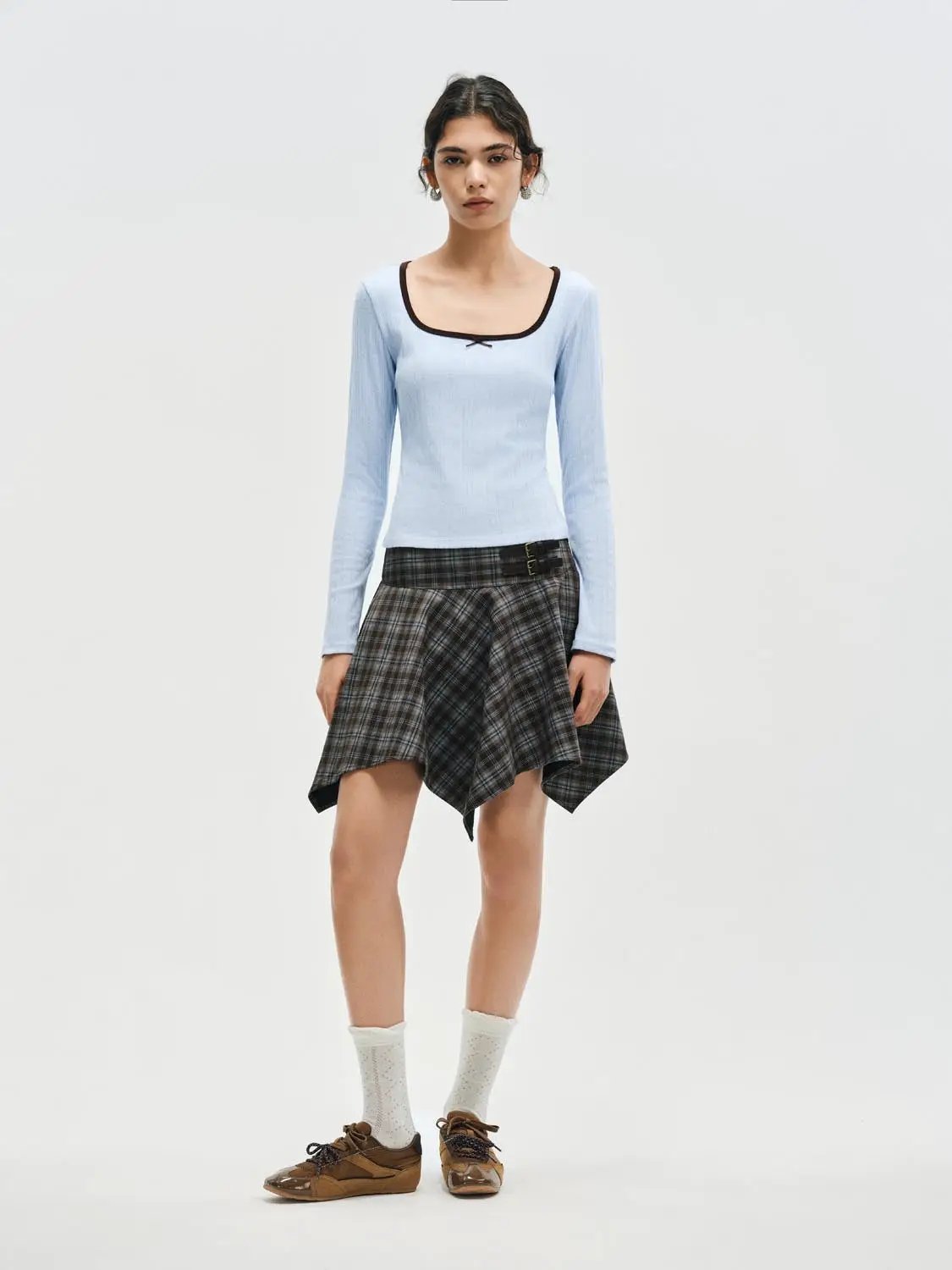 Checked High-waisted Asymmetric Hem Mini Skirt