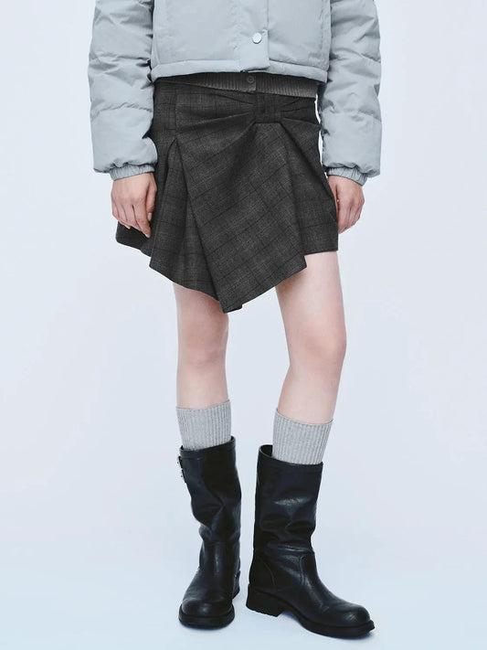 Asymmetric Checked Ribbed Waist A-Line Mini Skirt