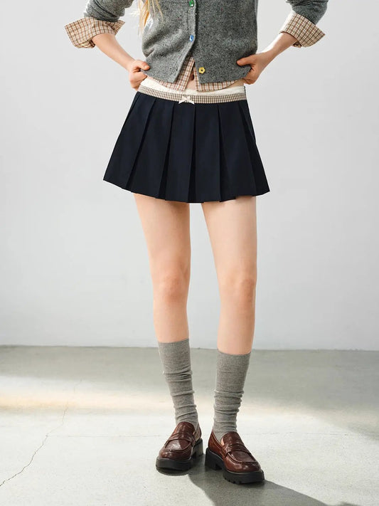 Pleated Bow Checked Waistband A-Line Mini Skirt