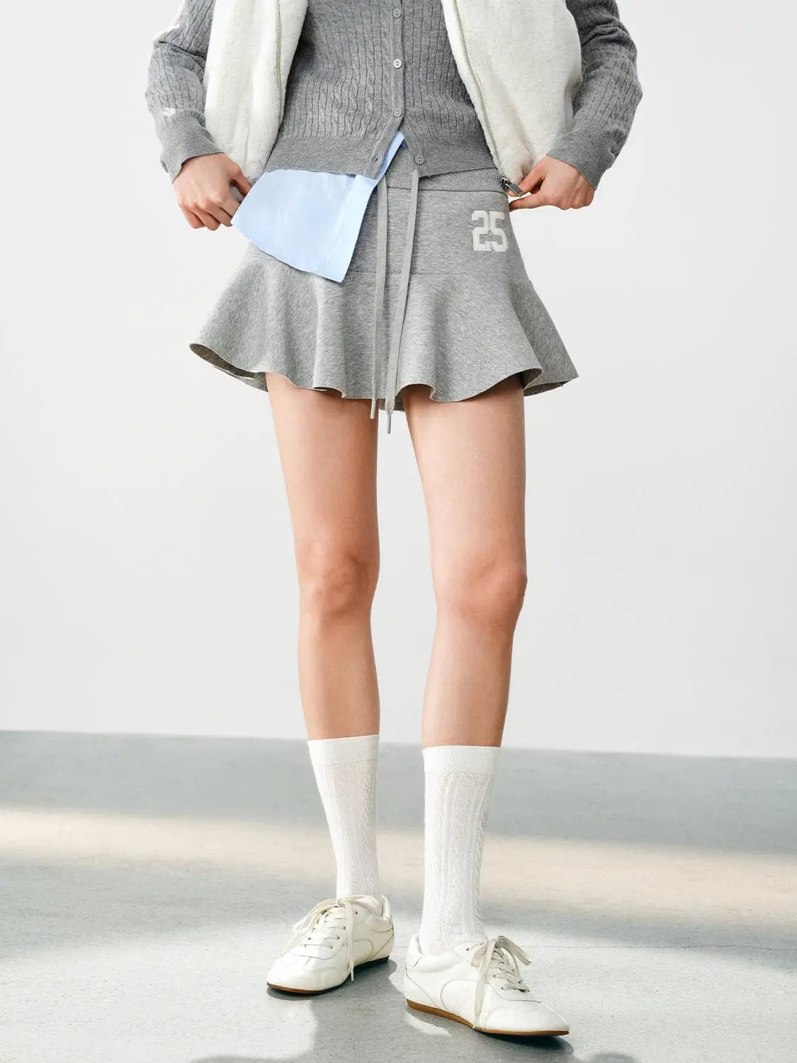 Number Print Ruffled Hem A-Line Drawstring Mini Cotton Skirt