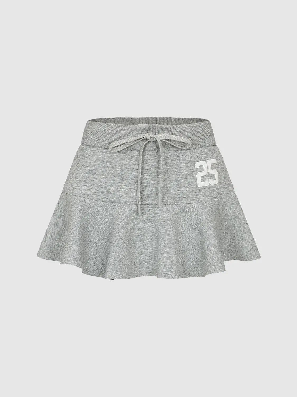 Number Print Ruffled Hem A-Line Drawstring Mini Cotton Skirt