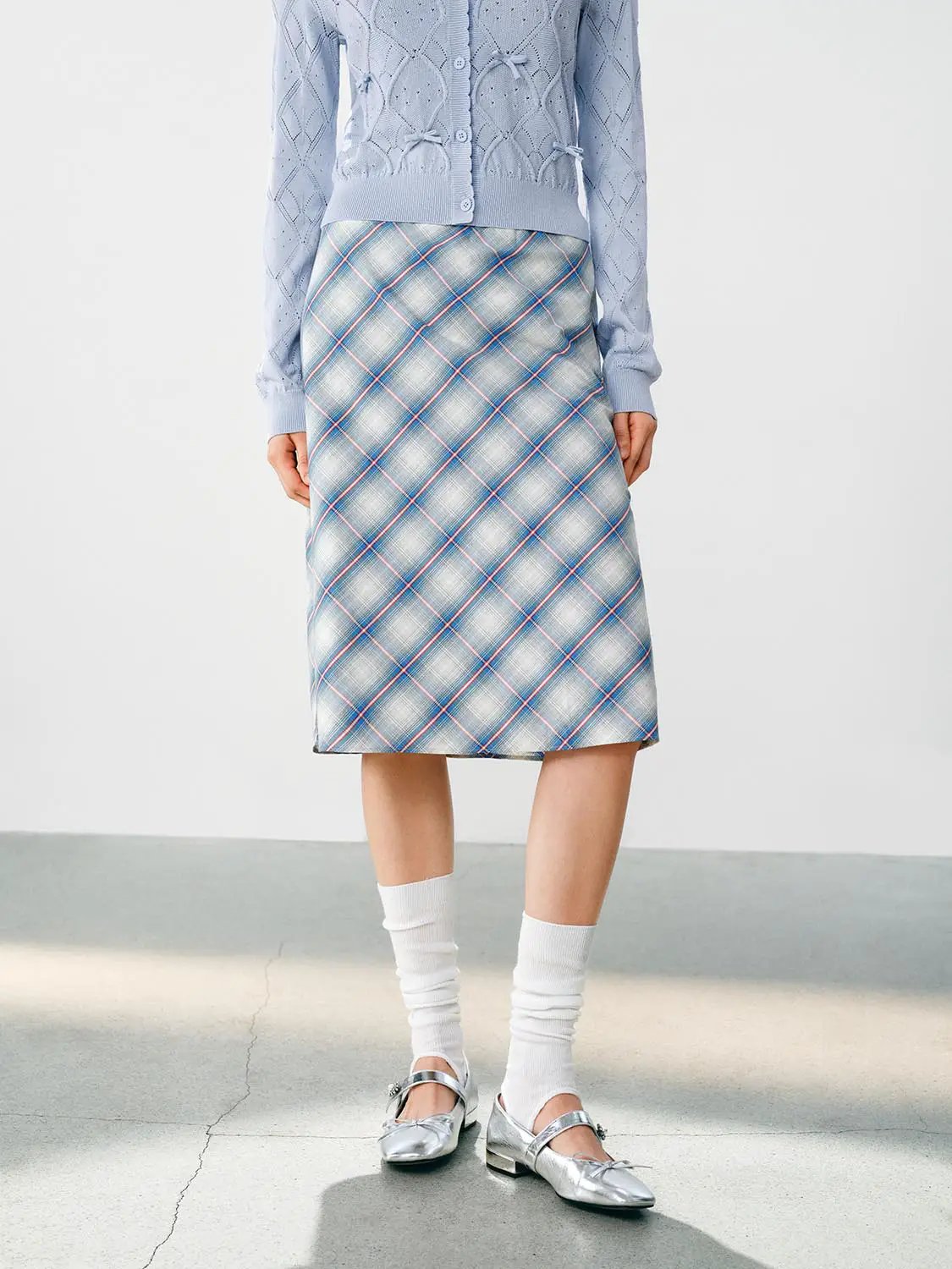 Checked A-Line Cotton Midi Skirt