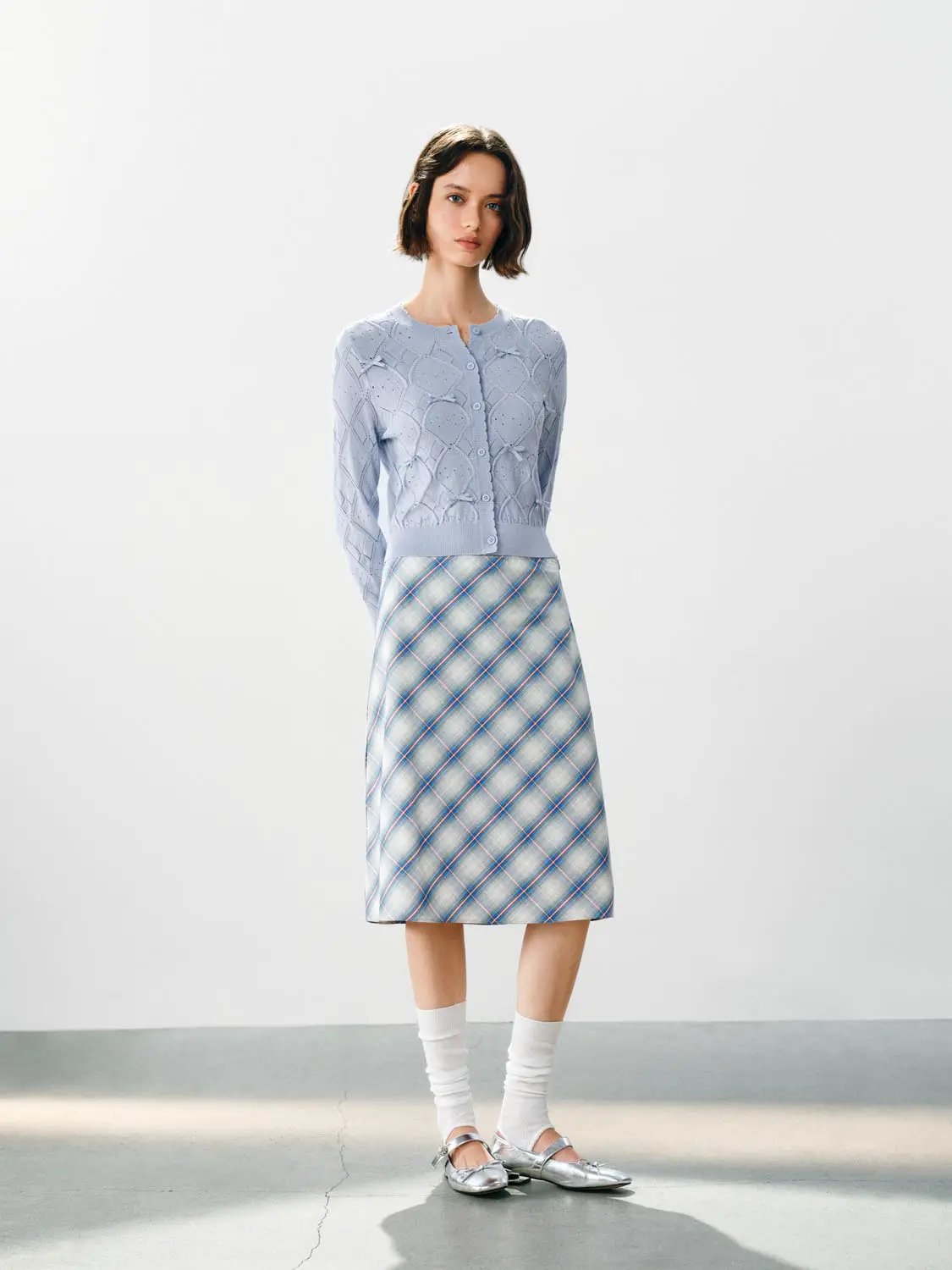 Checked A-Line Cotton Midi Skirt