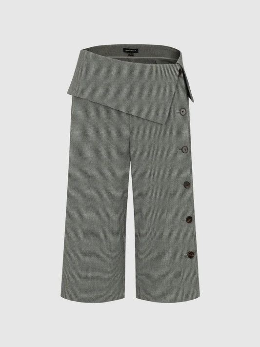 Checked Wrap Front Wide-leg Button Details Pants