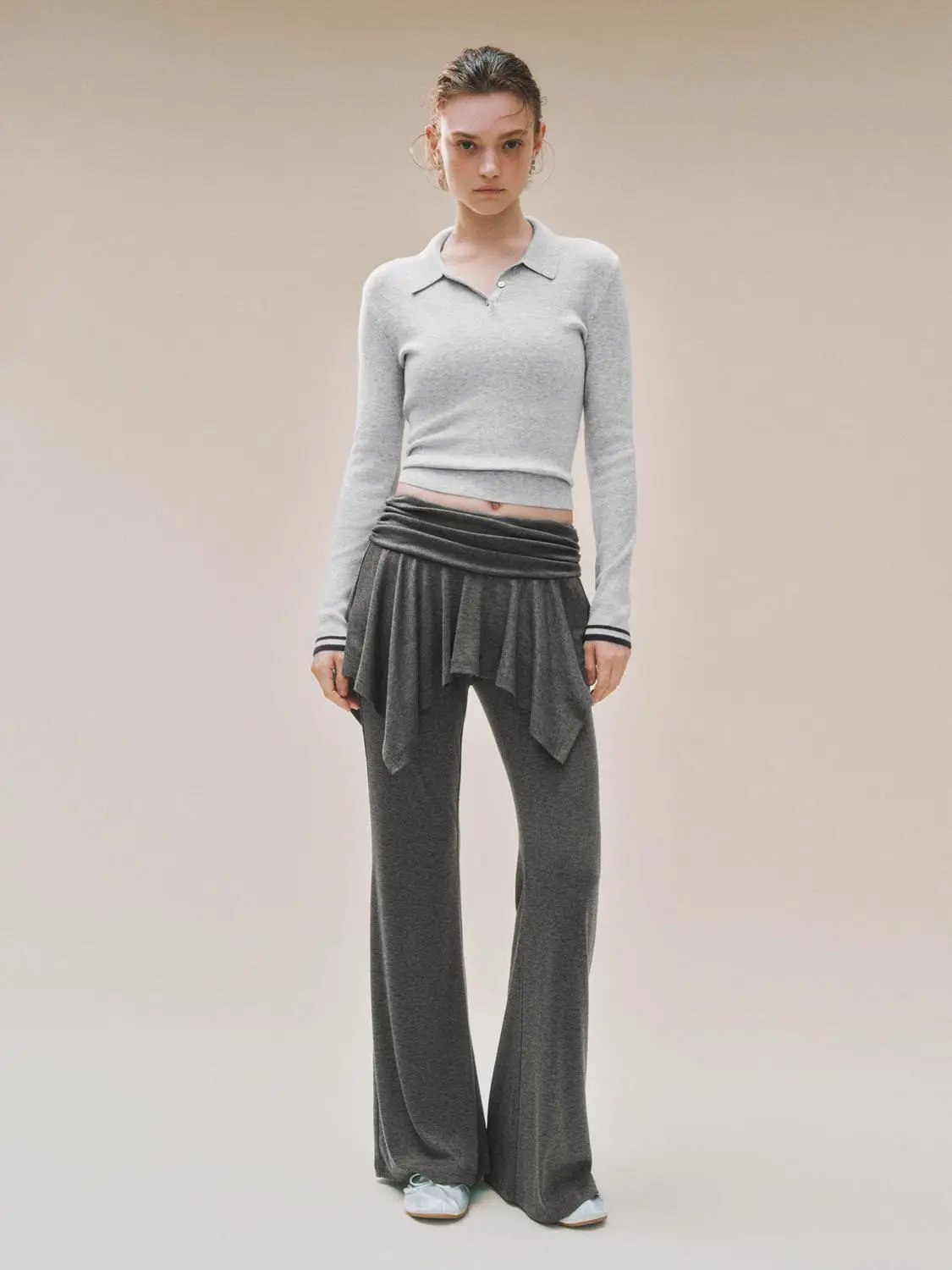 Wrap Waist Dark Grey Layered Flared Pants