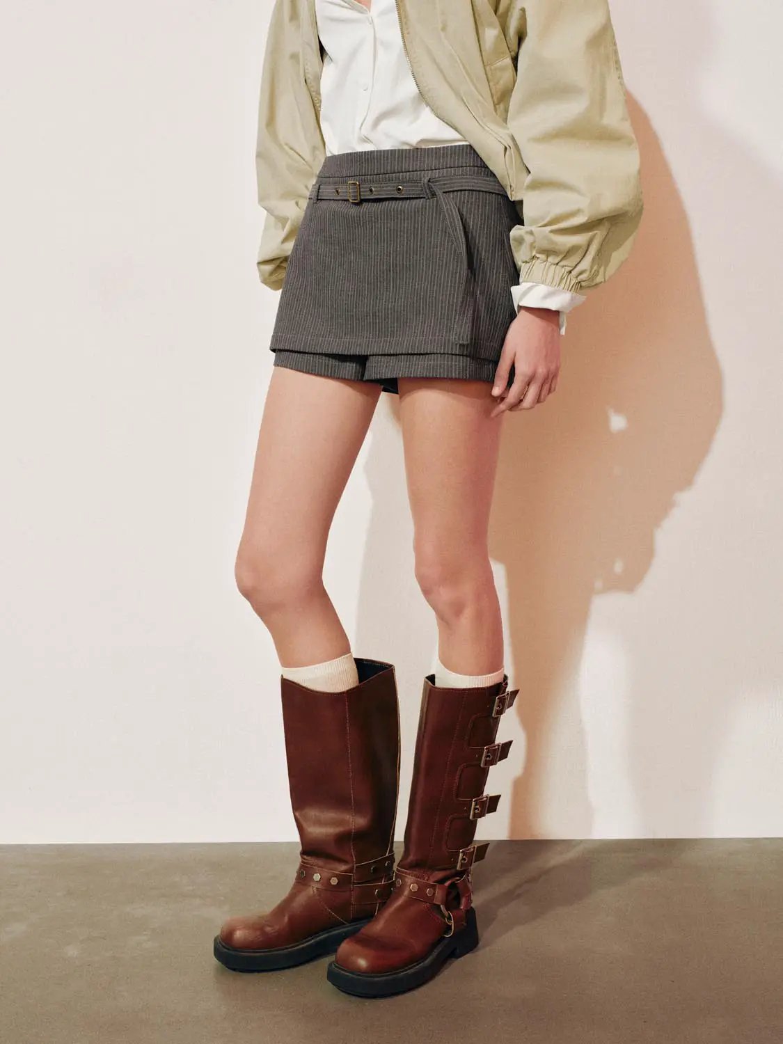 Tailored Belted Striped Mid-rise Wide-leg Shorts