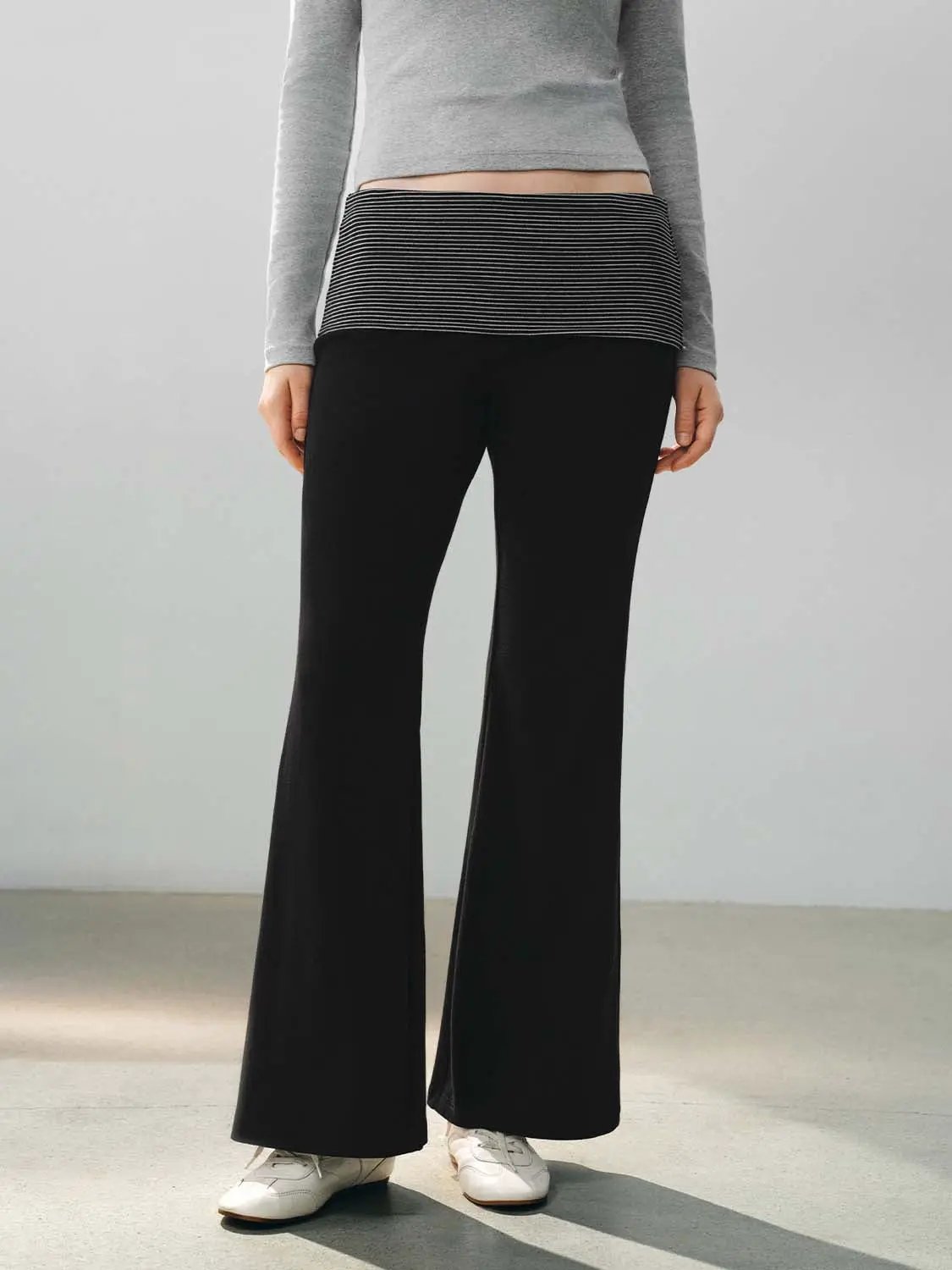 Striped Waist Solid Cotton Blend Flared Pants