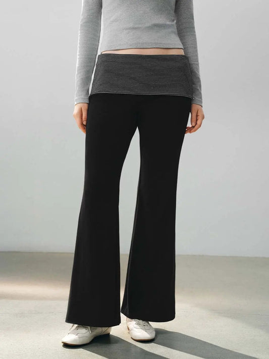 Striped Waist Solid Cotton Blend Flared Pants