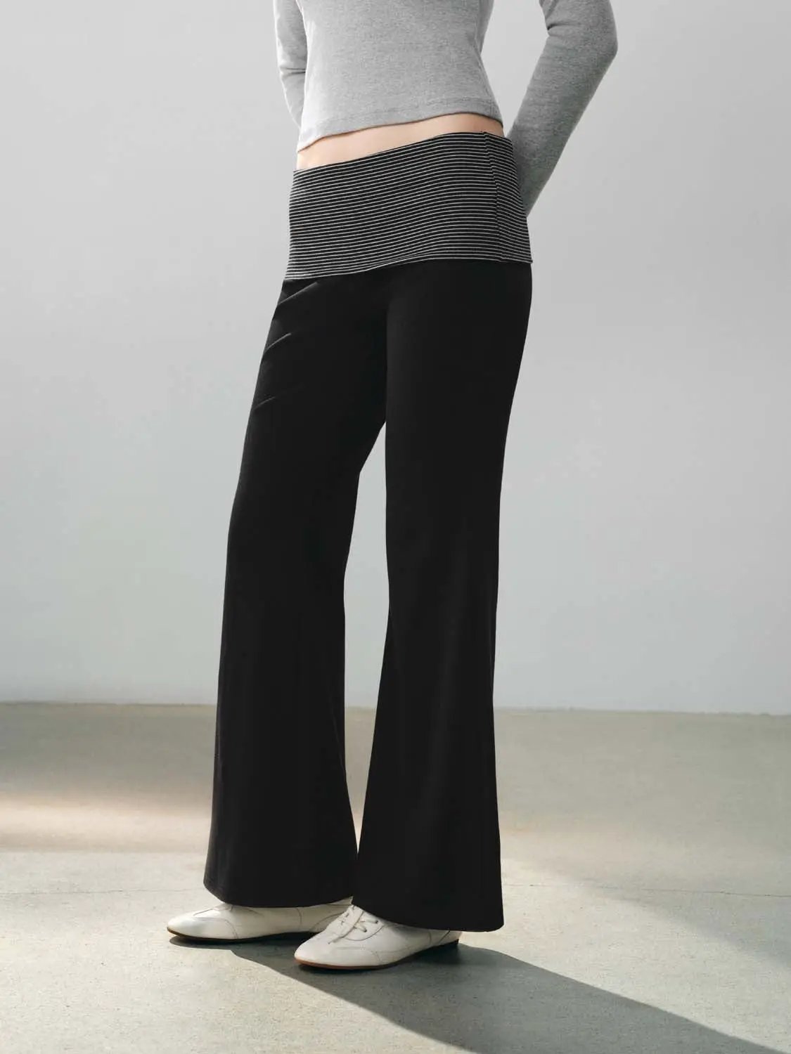 Striped Waist Solid Cotton Blend Flared Pants
