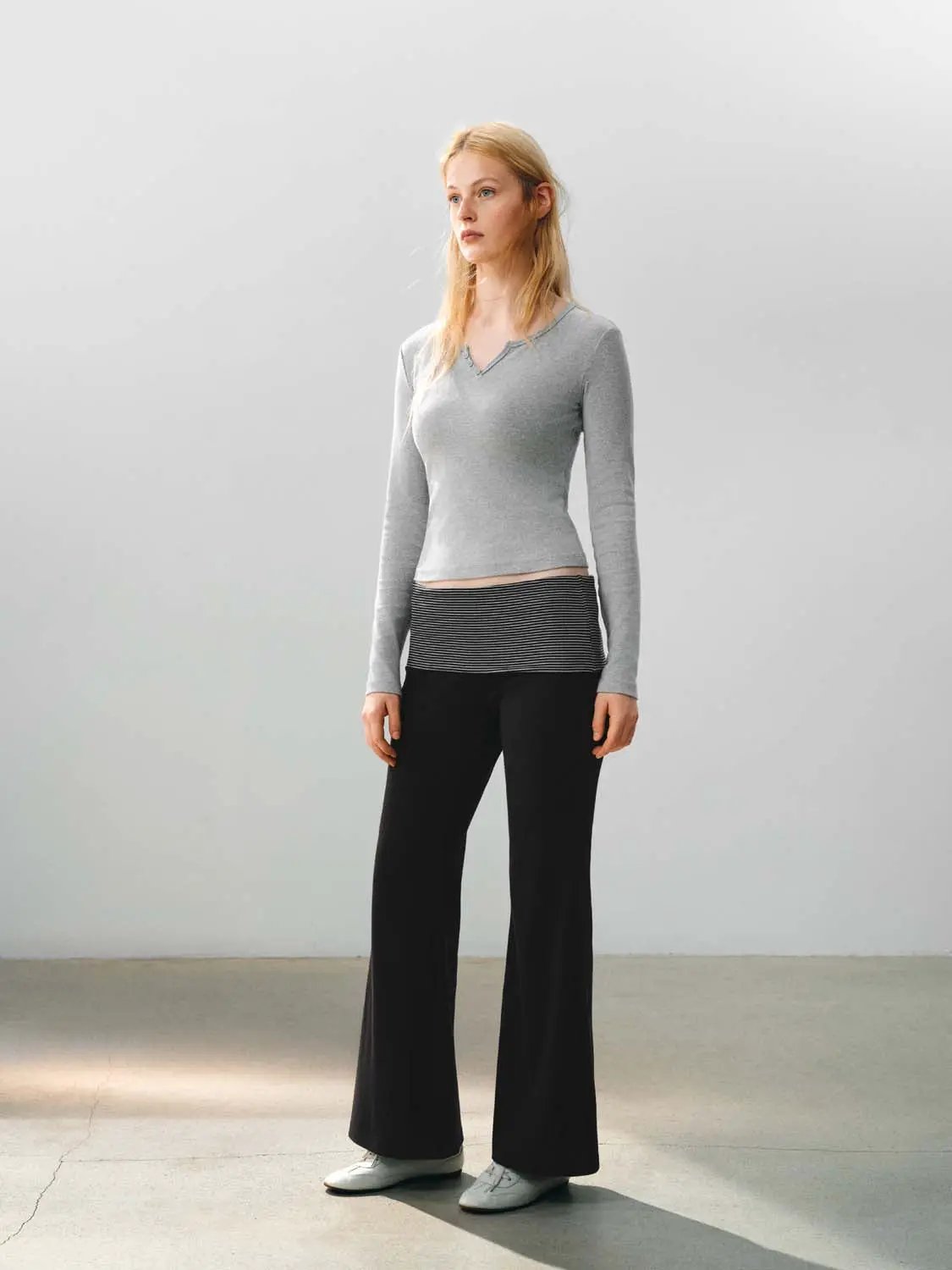 Striped Waist Solid Cotton Blend Flared Pants