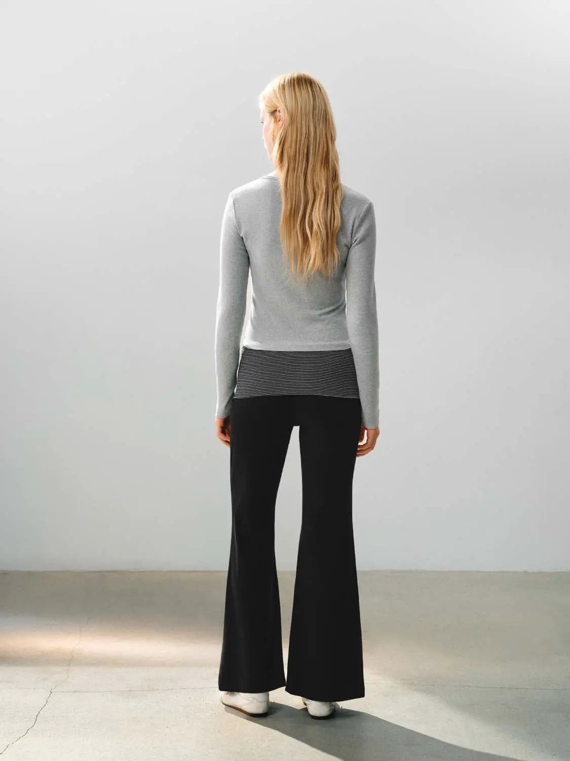 Striped Waist Solid Cotton Blend Flared Pants