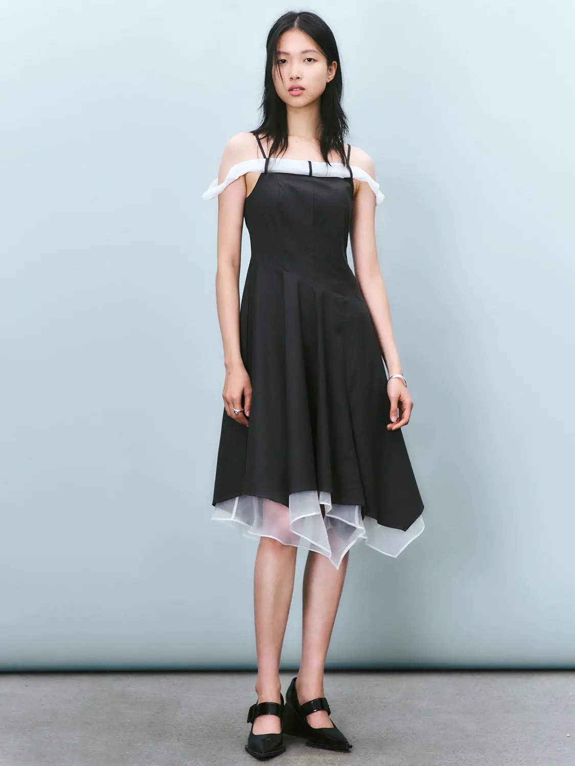 Cami Strap Off Shoulder A-Line Layered Hem Midi Dress