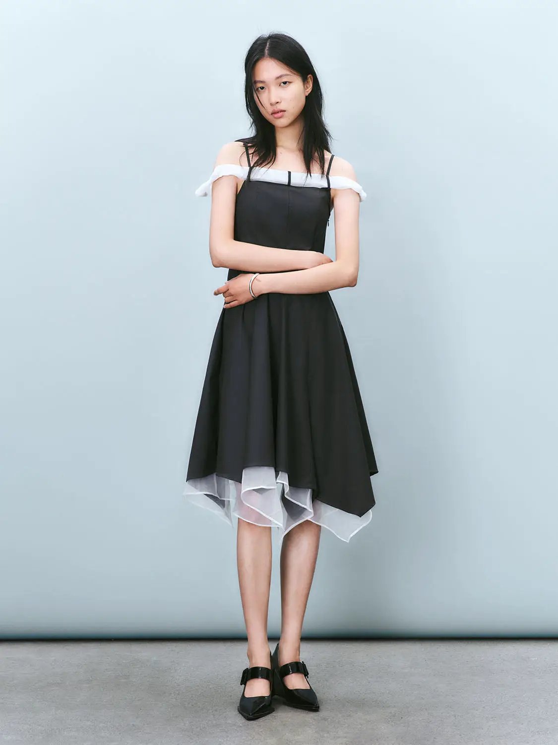 Cami Strap Off Shoulder A-Line Layered Hem Midi Dress