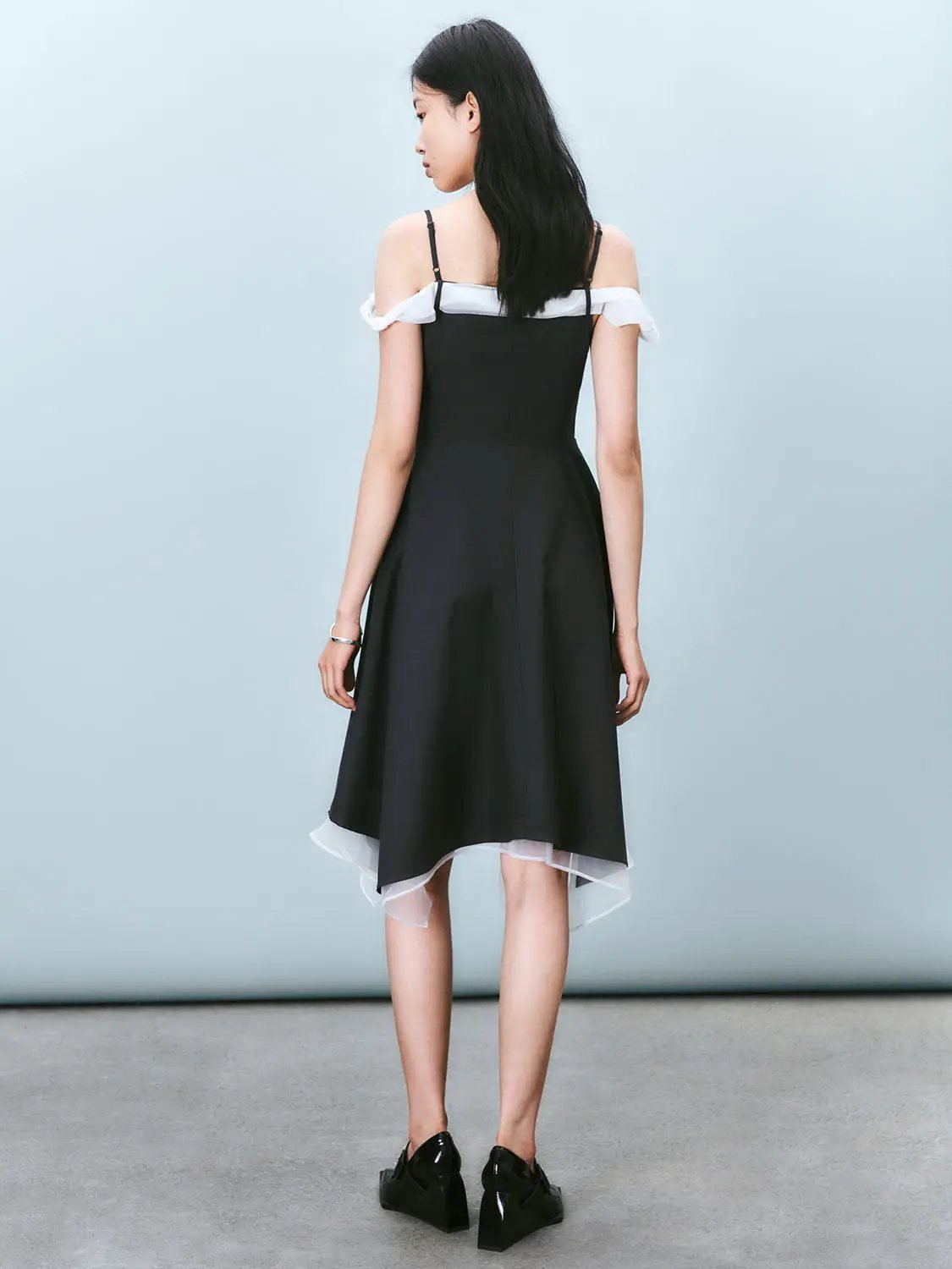 Cami Strap Off Shoulder A-Line Layered Hem Midi Dress