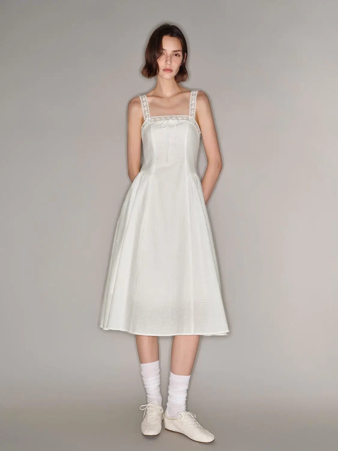 Lace Trim Square Neck Strap A-Line Midi Slip Dress