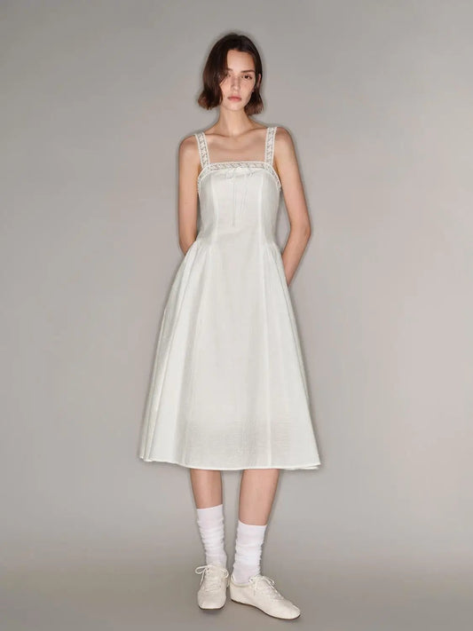 Lace Trim Square Neck Strap A-Line Midi Slip Dress