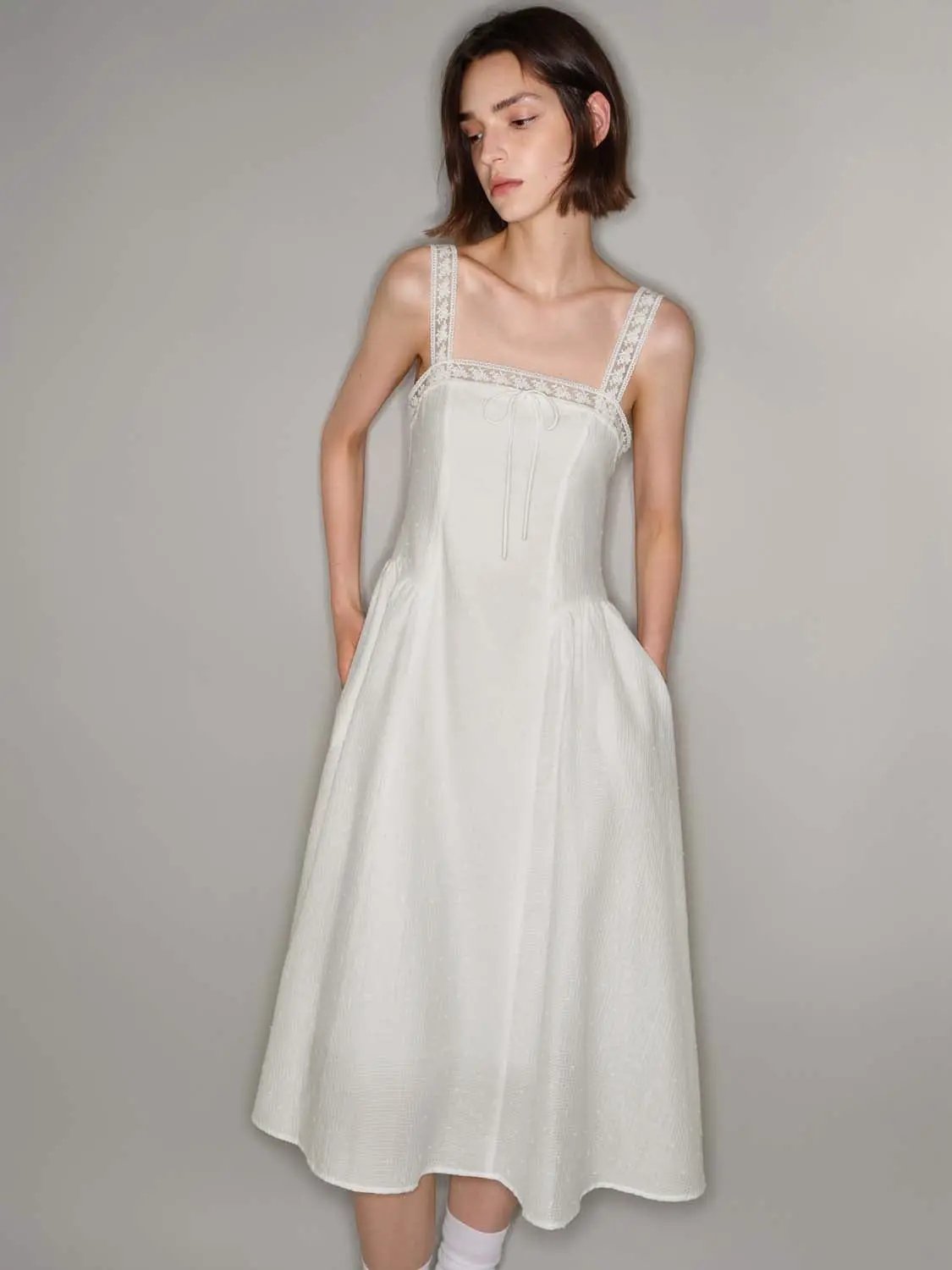 Lace Trim Square Neck Strap A-Line Midi Slip Dress